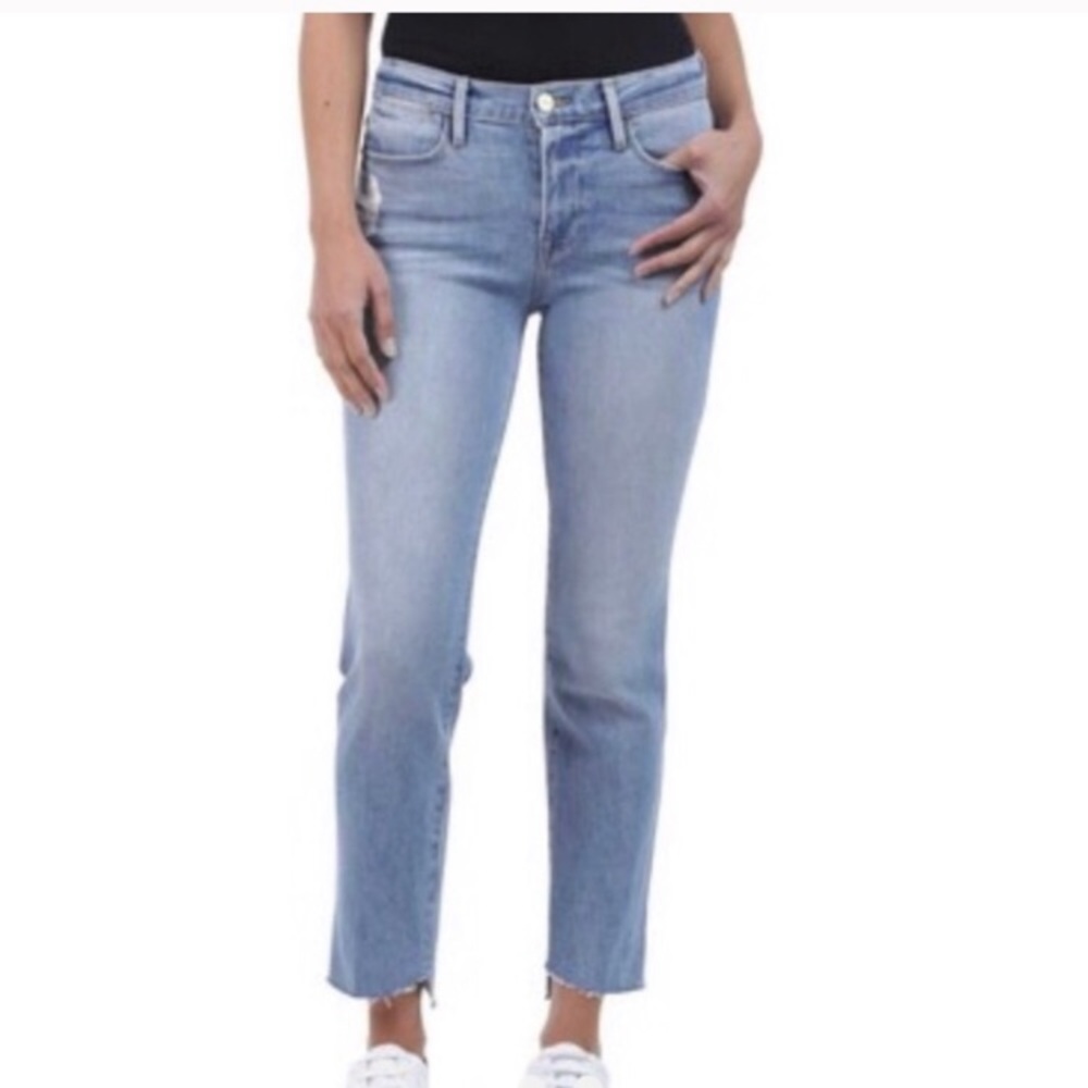 Frame Le High Straight Jeans Raw Hem Asymmetrical